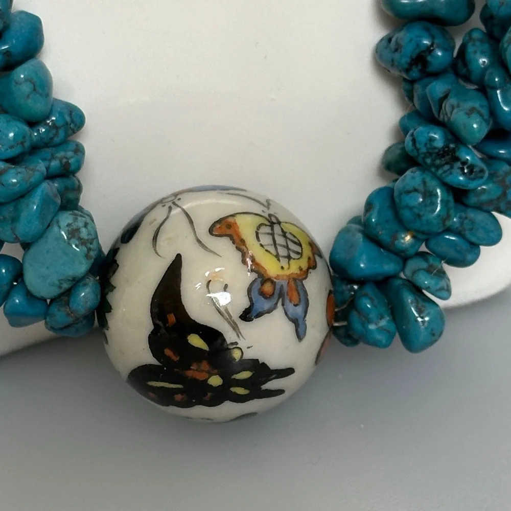 Turquoise and Cream  Coral ceramic boll Beaded Necklace